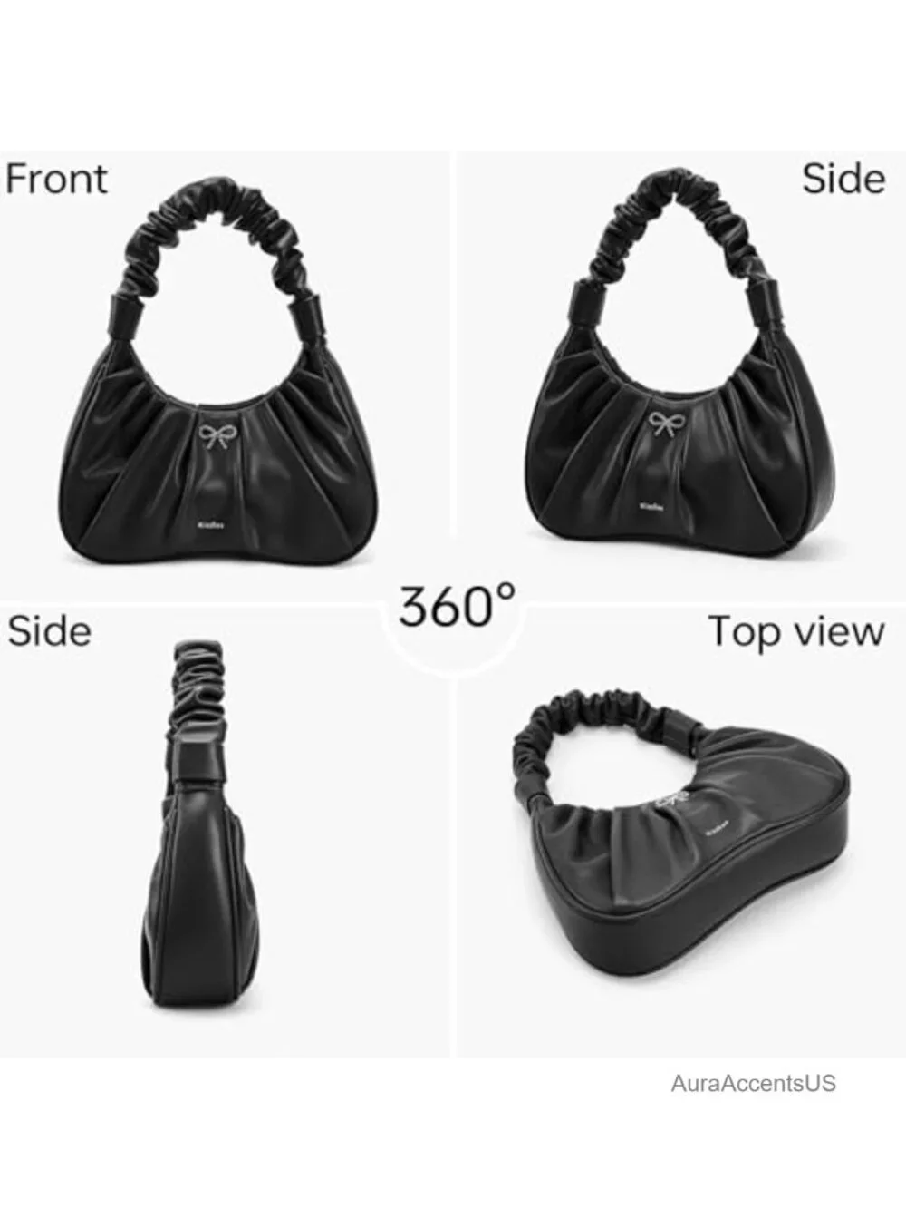 Crescent Ruched Hobo Bag with Rhinestone Bow - Soft Vegan Leather Shoulder Purse